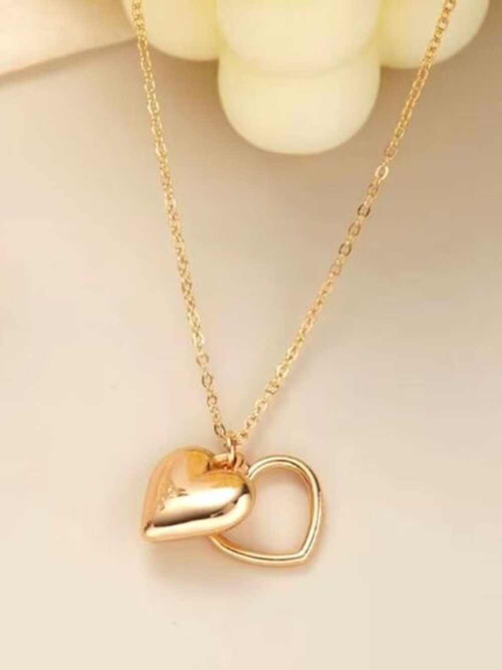 Double Gold Heart Pendant Necklace Open Fashion Charm Adjustable Chain Love New